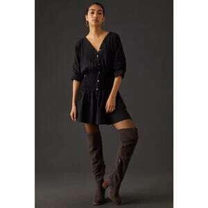 MAEVE BY ANTHROPOLOGIE NWT Mini Dress Puff-Sleeve Smocked Black Size Medium $148